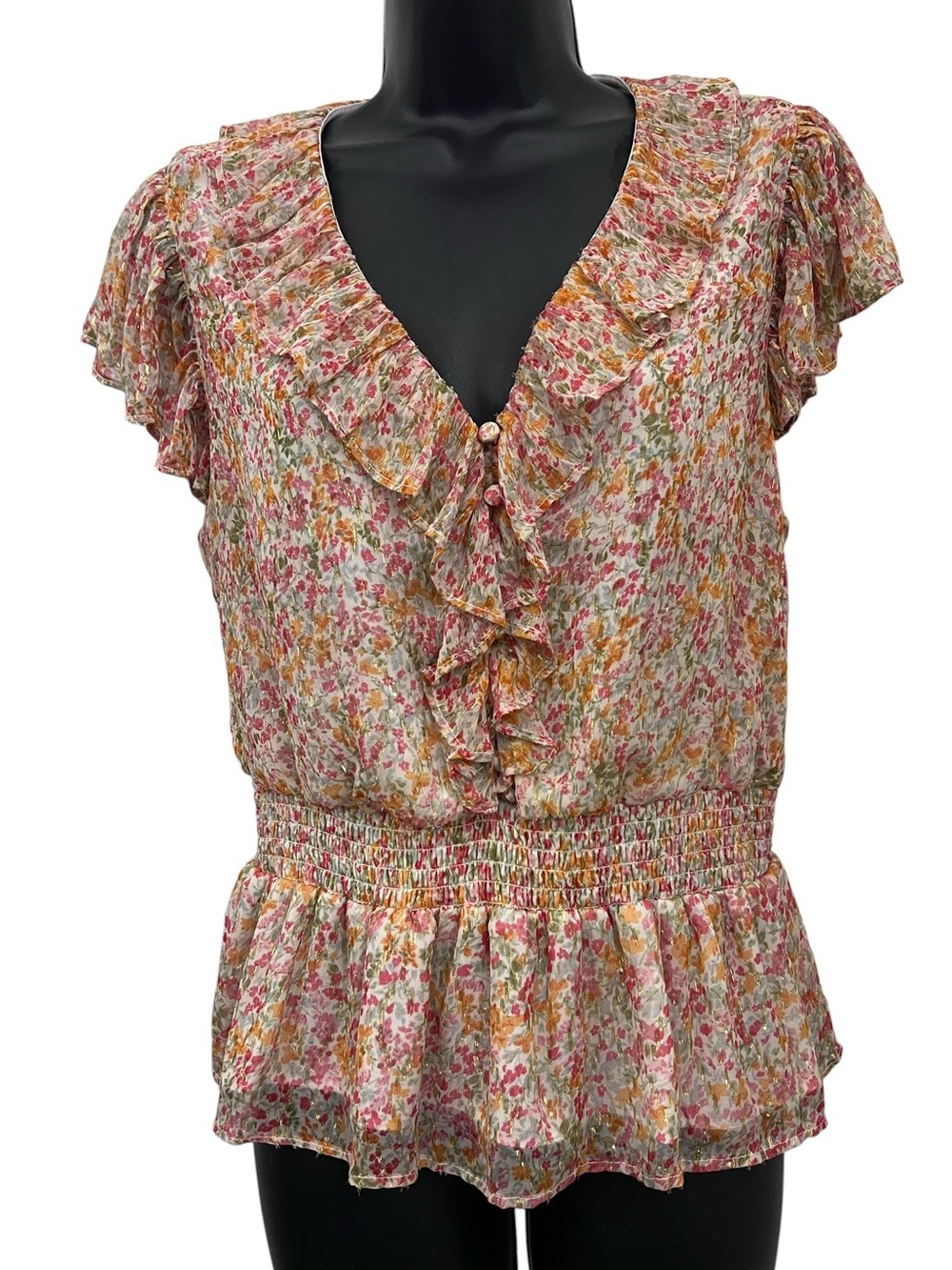 Parker Floral Ruffle Blouse Medium Cream/Pink/Orange/Green Gold Metallic Peplum - Picture 2 of 11